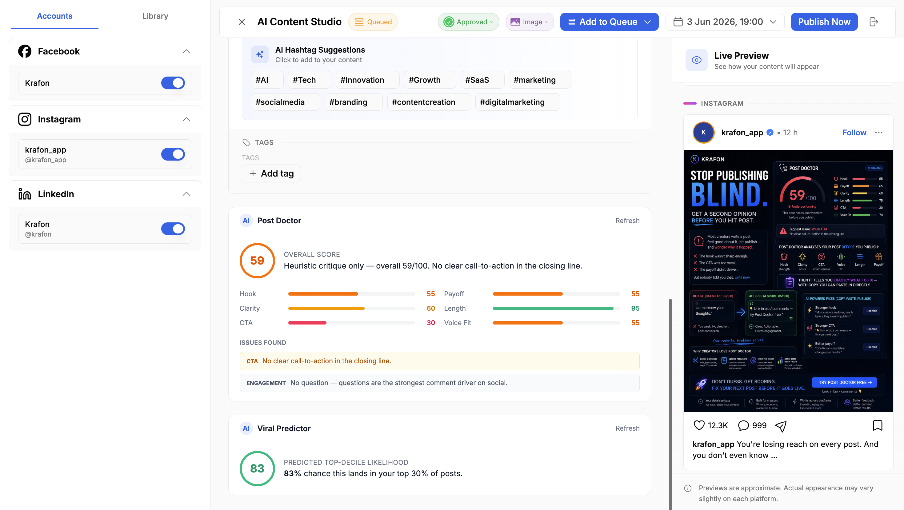 Krafon analytics dashboard showing growth and content performance
