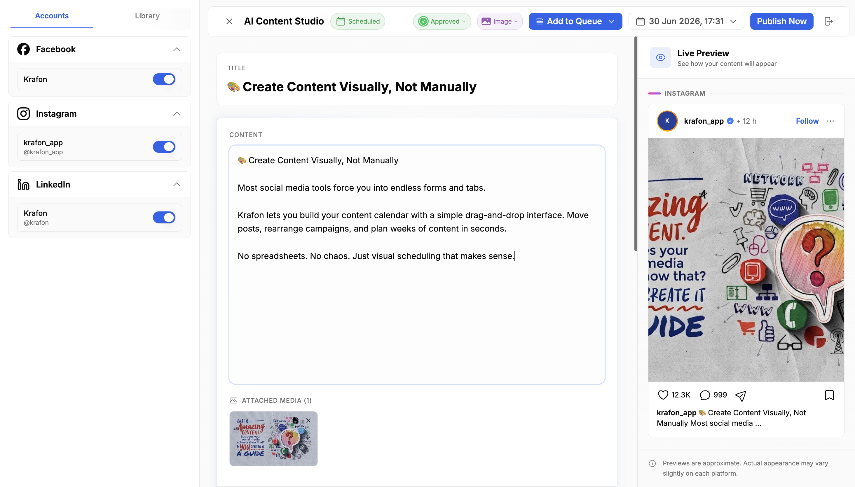 Krafon publishing one post to multiple platforms