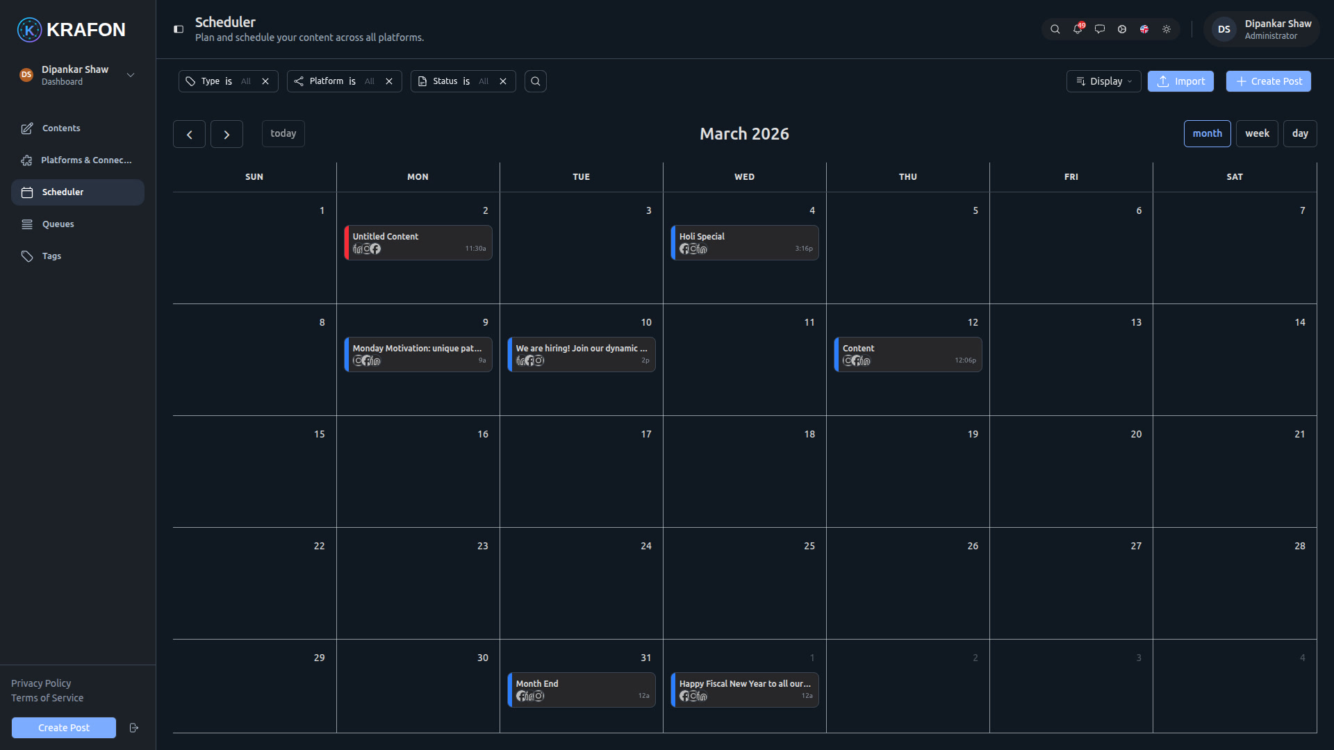 Krafon AI content generator creating 30 social media posts and auto-filling a visual calendar
