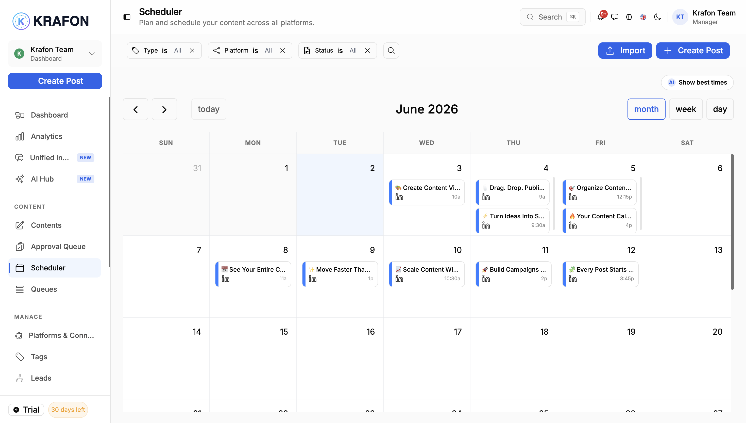 Drag-and-drop content calendar and queue in Krafon
