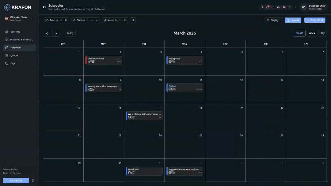 Close-up screenshot of visual drag-and-drop calendar with scheduled posts